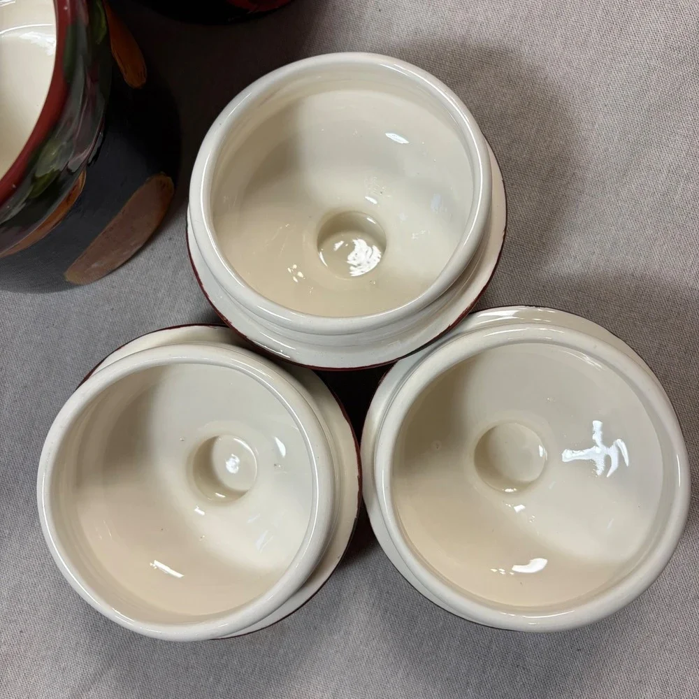 Droll Designs Hand Painted Ceramic Fruit Canister Set 3pc Cottage core Dark